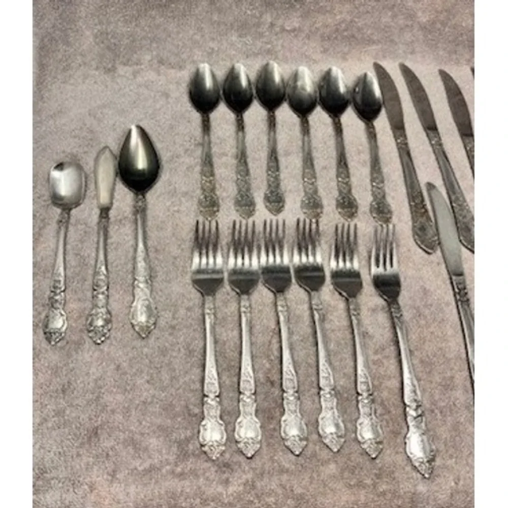 Vtg National Stainless Flatware Set 22pc Silverware Rose Floral Pattern Korea